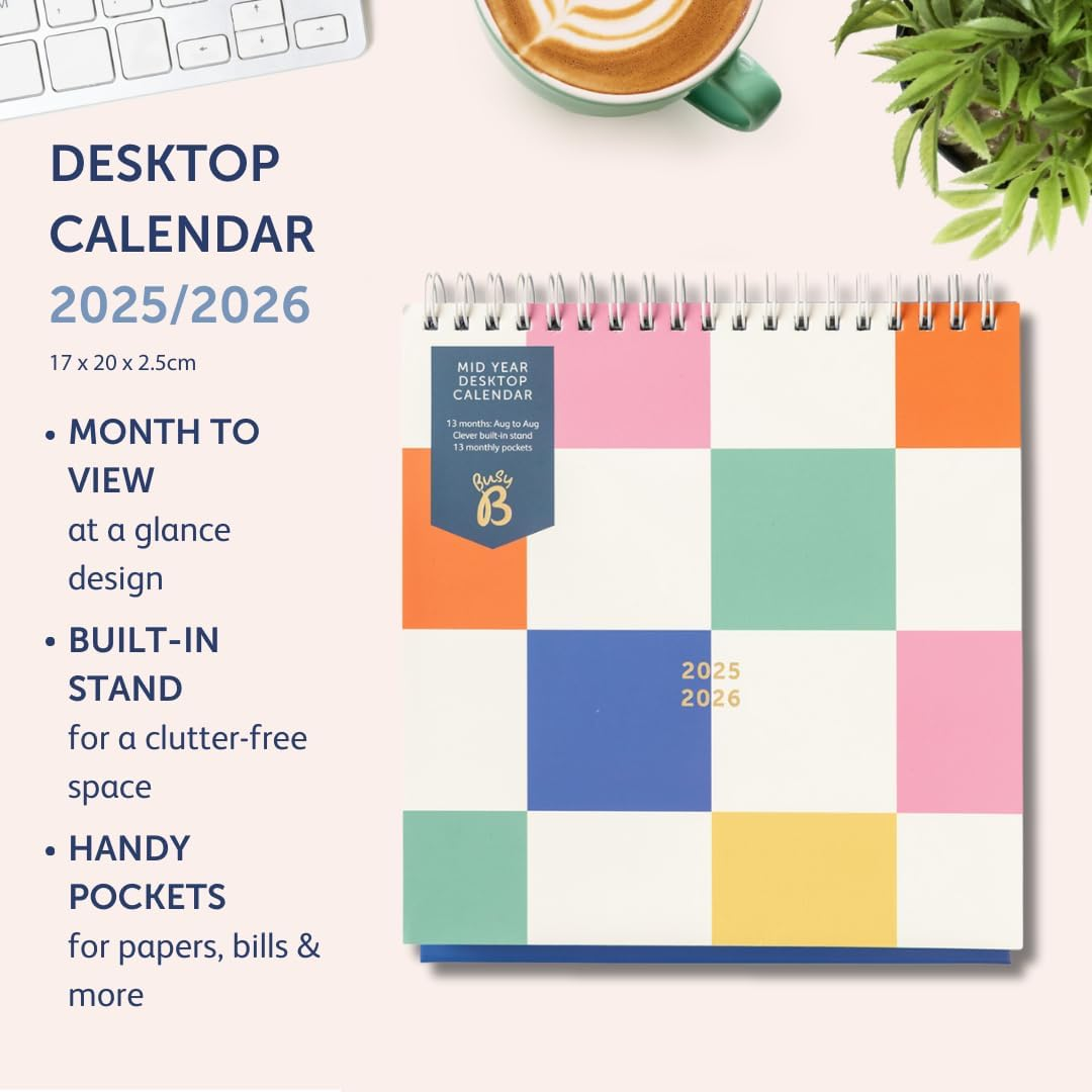 Busy B Desk Calendar - Mid-Year Academic Calendar &ndash; Aug '25 - Aug '26 &ndash; Multi Design - Features Built-In Stand, Flip-Top Binding, Year Planner & Storage Pockets for Organised Planning - 20 X 17Cm image number 1