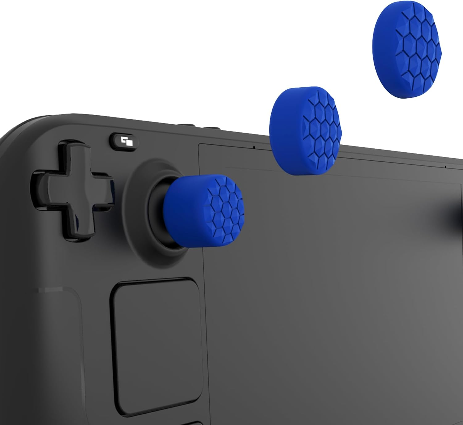 Playvital Blue Ergonomic Stick Caps Thumb Grips for Steam Deck LCD & OLED, for PS Portal Remote Player - with 3 Height Convex and Concave - Diamond Grain & Crack Bomb Design, Set of 10 image number 6