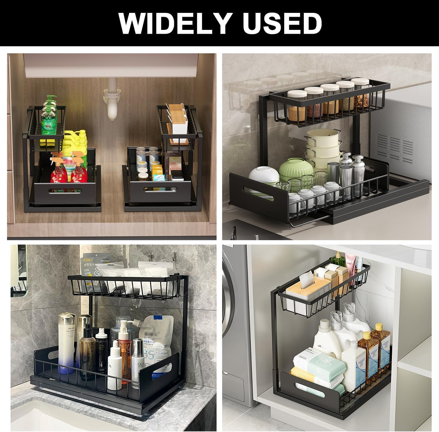 2 Pack under Sink Organizer, 2 Tier Slide Out Cabinet Storage Shelves, Multi-Purpose Metal Oragnizer for Home,Kitchen,Bathroom (Black) image number 6