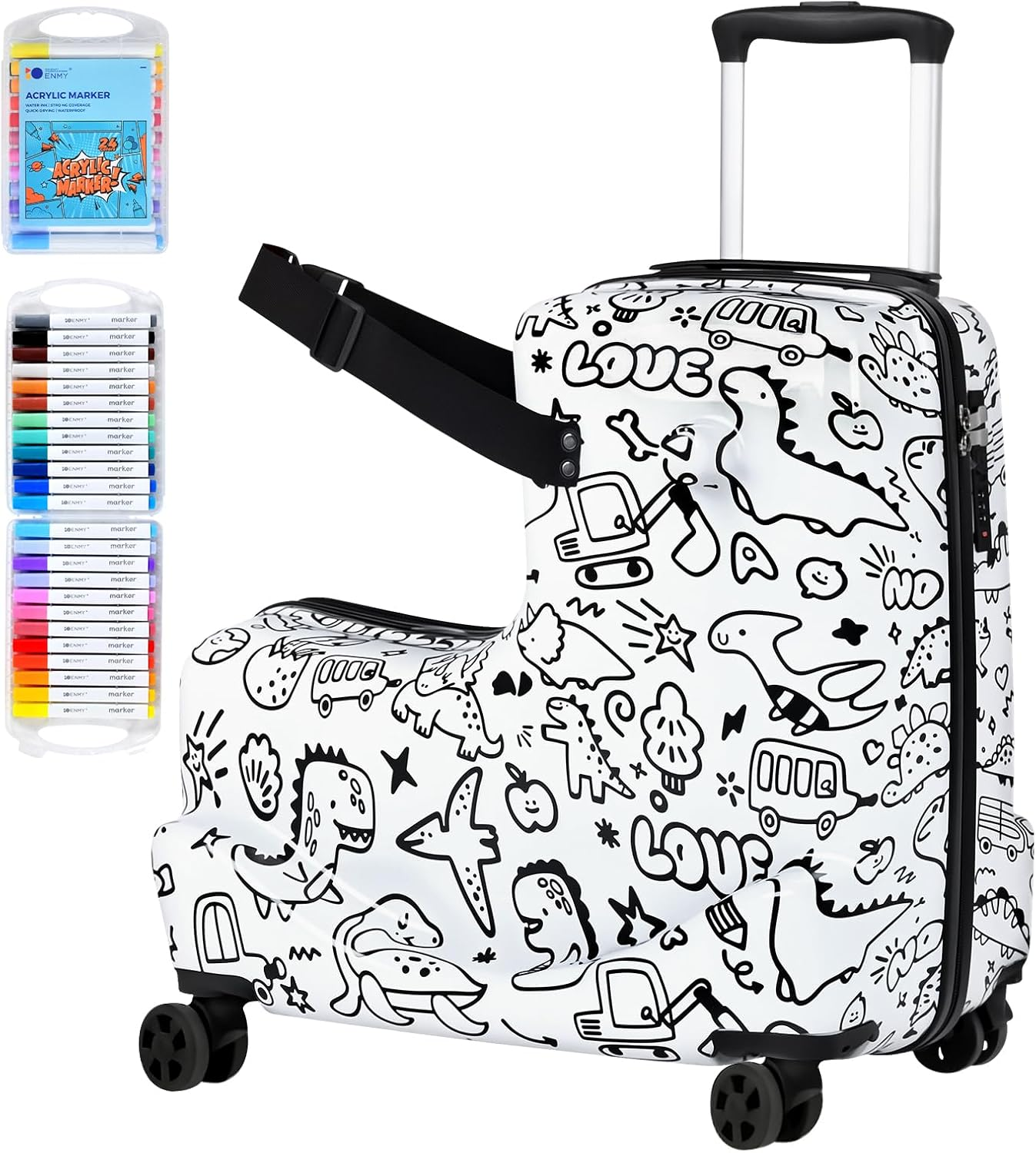 Ausadom Kids Ride on Luggage with DIY Coloring, Durable Lightweight Carry on Travel Suitcase with Spinner Wheels