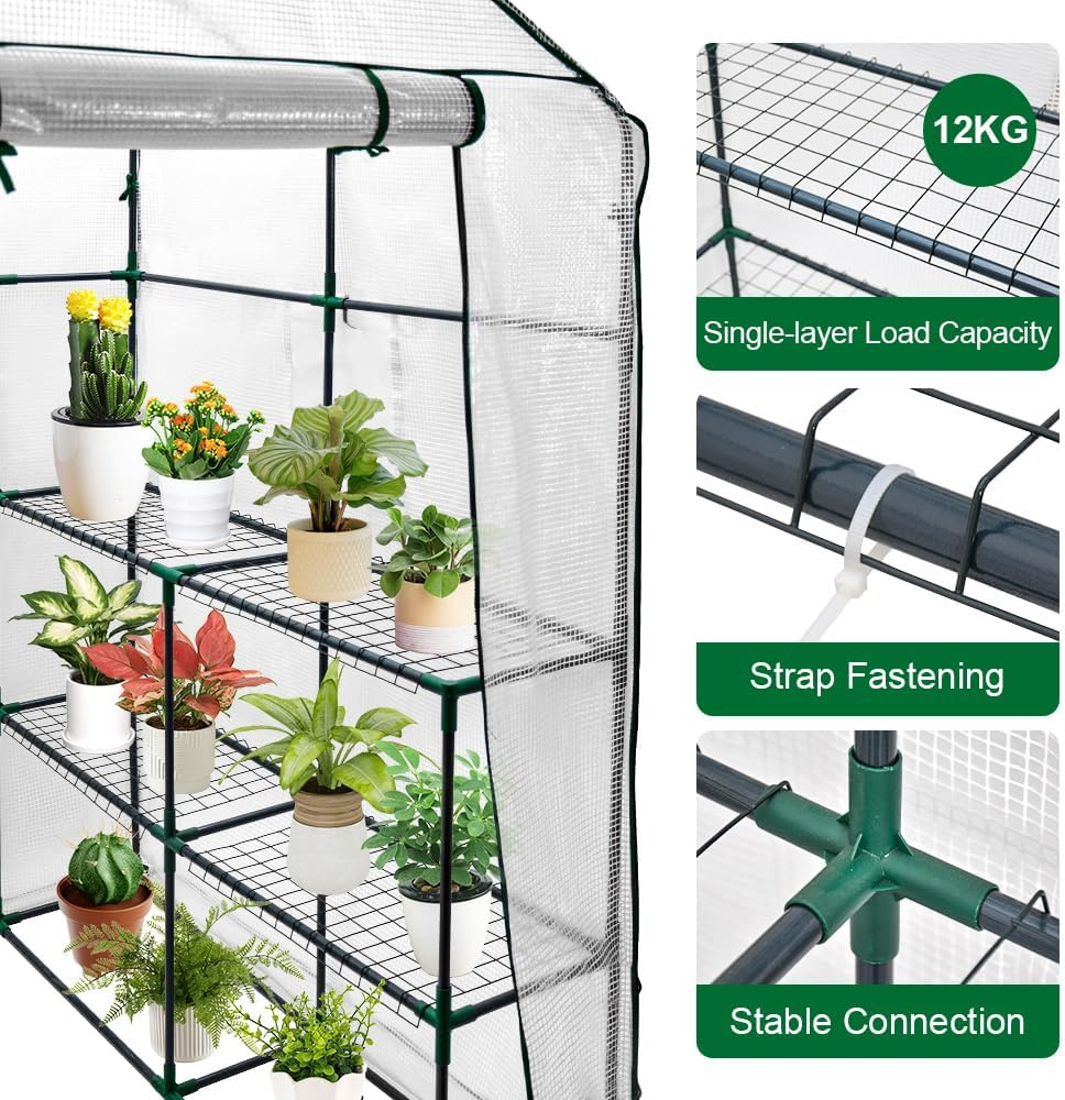 ALSTON Greenhouse Walk-In Tunnel 3 Tier Planting Shelves 143X143X195Cm Strong Stability with PE Cover Roll-Up Zipper Door and Window for Outdoor Vegetable Plants image number 1