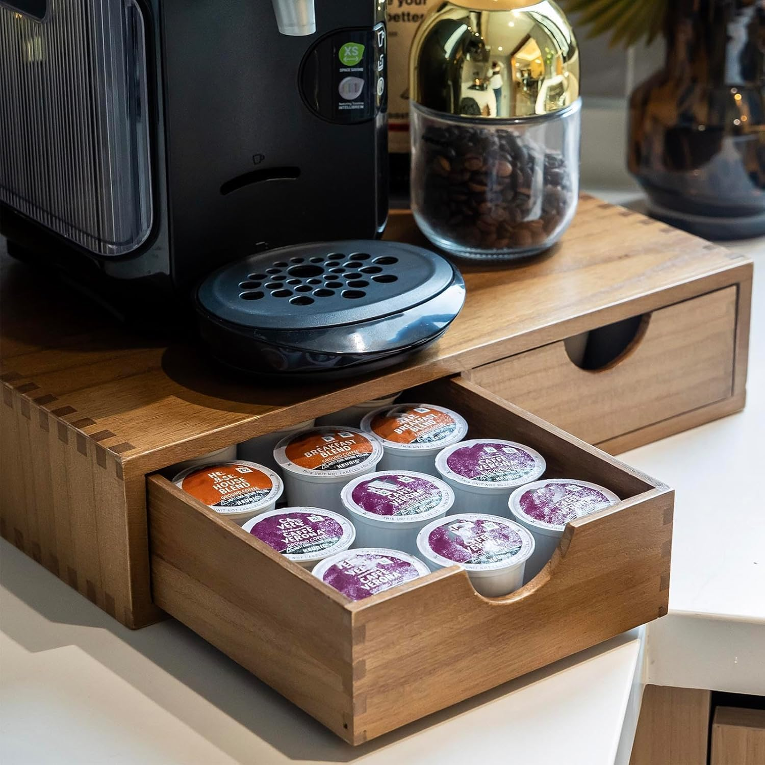 Wooden K Cup Organizer Coffee Pod Storage Box, Coffee Pods and Tea Organizer Holder, K Pod Drawer Coffee Maker Machine Stand, Organizador De Cafe, Kcup Drawer Organizer under Brewer, 30 Pod Capacity