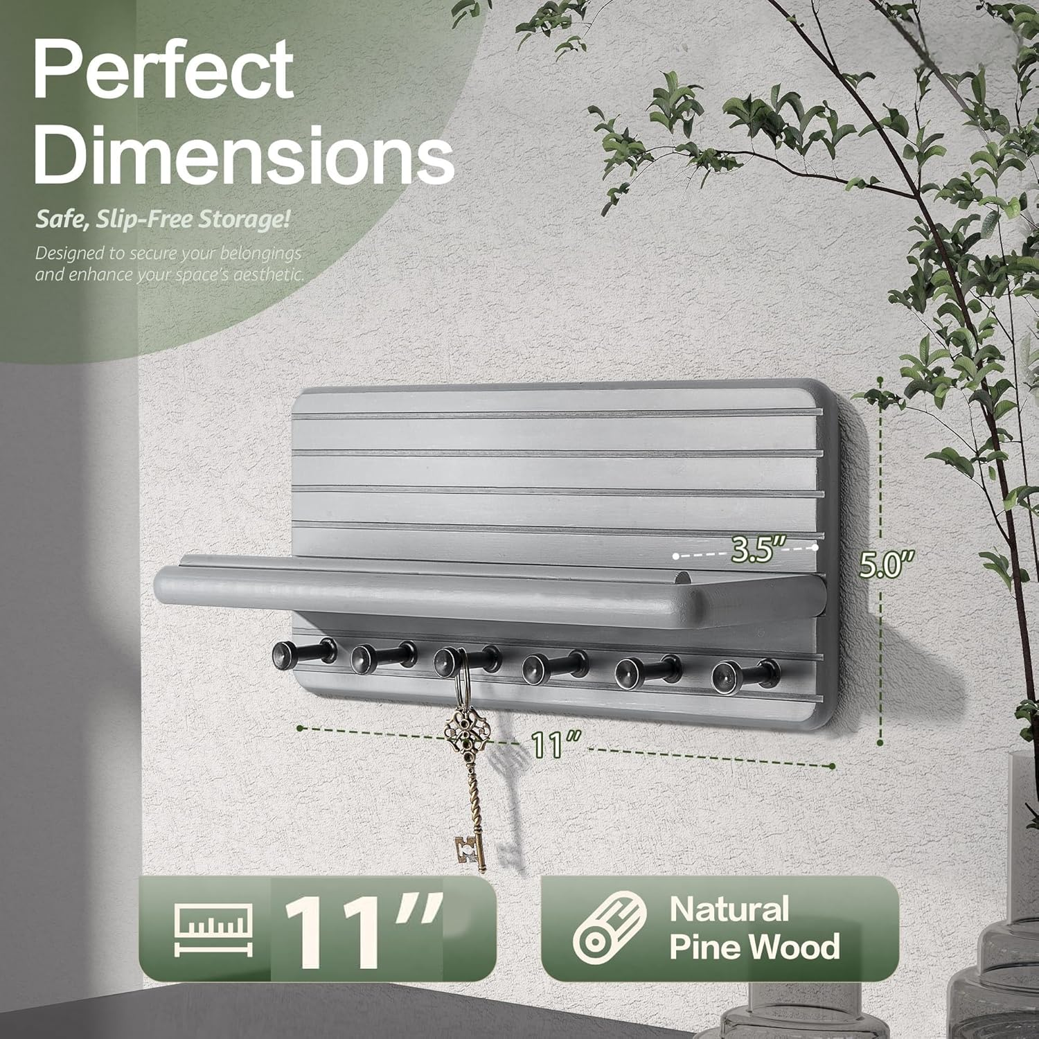 QYINXIU Key and Mail Holder for Wall, Mail Organizer with 6 Hooks and Storage Drawer, Wall Mount Key Rack (Grey) - Grey image number 1