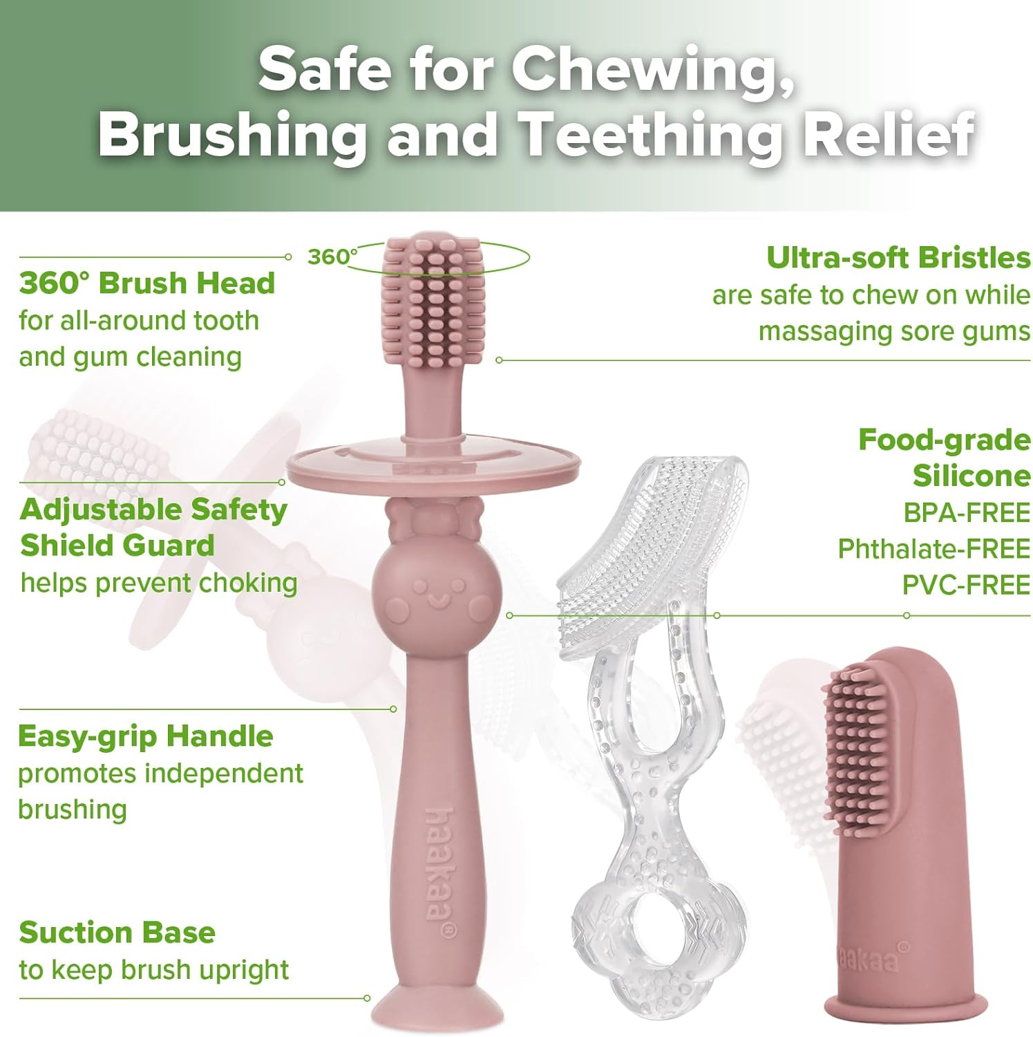 Haakaa Silicone Teether Brush Finger Brush Toothbrush, 0-36 Months - Infant Oral Care Set (Blush)