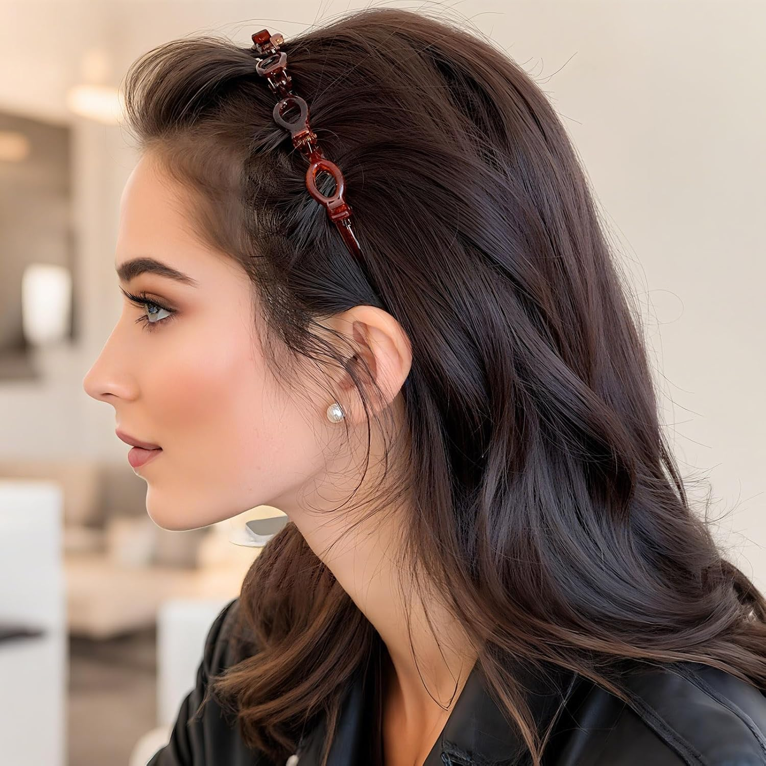 Pack of 6 Double Similar Headband with Clips, Fashion Headband with Clips, Hairpin for Women, Girls, Curly, Thick Hairstyle, Braided, Professional, Weaving, Bangs, Styling, Black & Brown image number 1