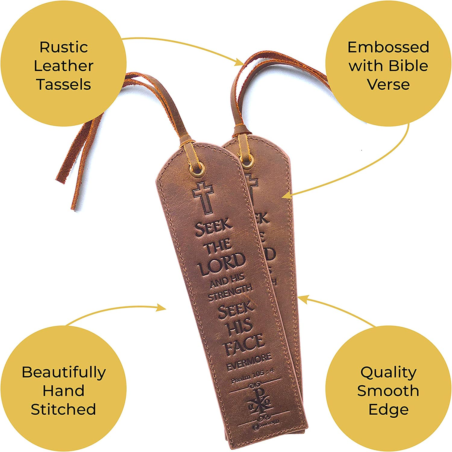 Leather Bible Bookmarks - 2 Leather Christian Bookmarks with Inspirational Bible Verse | Psalm 105: 4 Seek the Lord and His Strength | Religious Book Marker Gifts for Men, Women, Readers and Friends