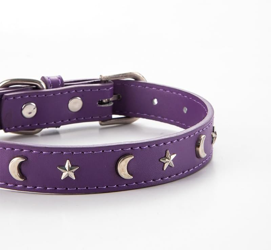 Leather Cat Collars for Boy Girl Cats with Bell and Safety Elastic Belt, Personalized Star and Moon Stud Adjustable Safe Buckle Collar for Kitty Small Big Cats (Purple, S) image number 3