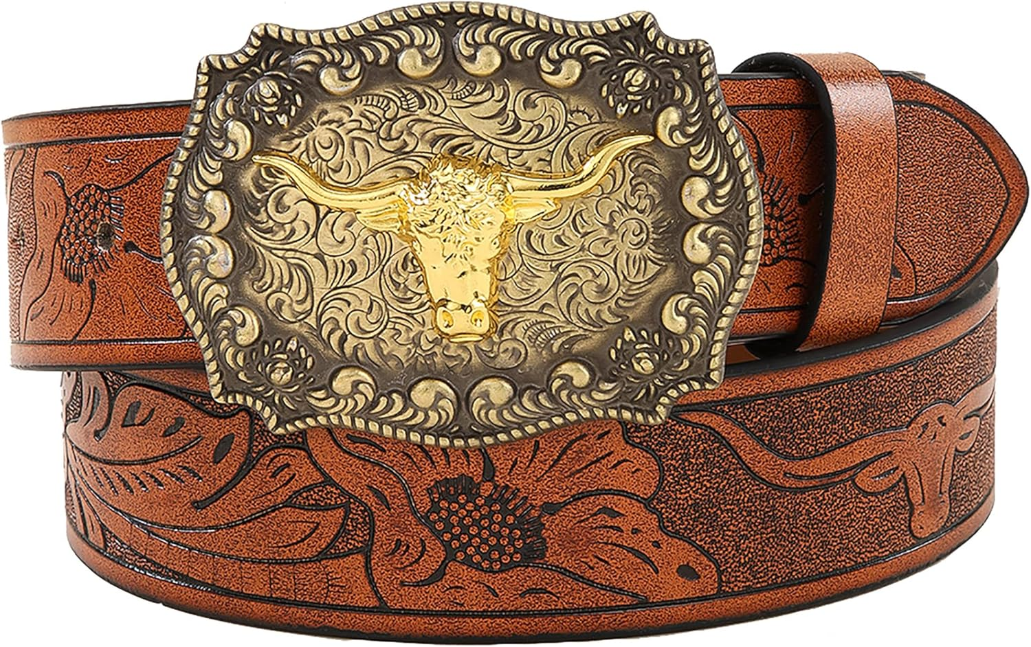 Utaly Western Cowboy Cowgirl Leather Belts - Women Men Turquoise Embossed Waist Belts with Longhorn Bull Buckles