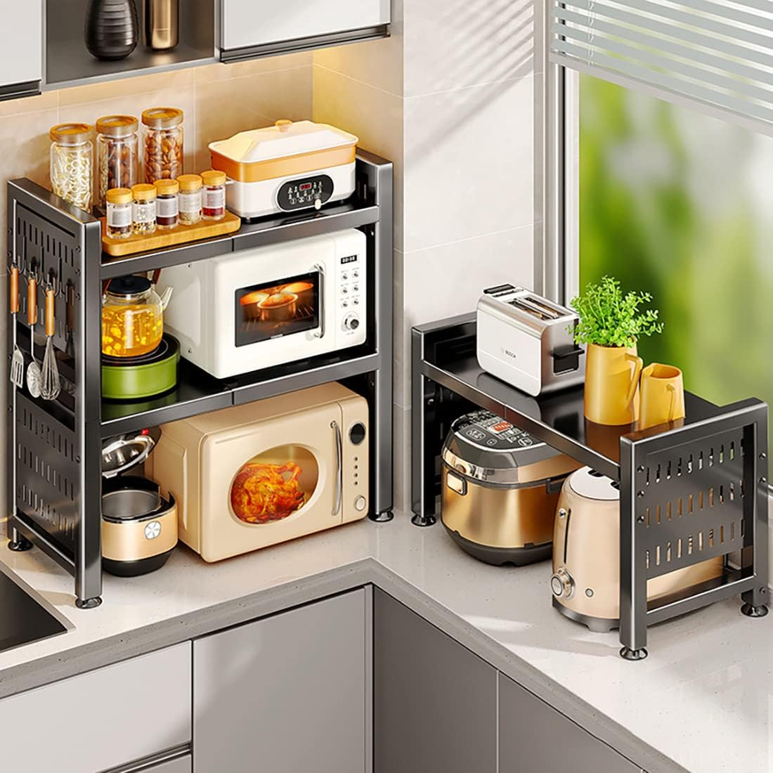 Microwave Oven Rack, 2-Tier Expandable Microwave Toaster Shelf with Utensil Holder, Adjustable Countertop Microwave Stand, Multi-Functional Carbon Steel over Microwave Shelf with 6 Hooks (Black) - Black image number 6