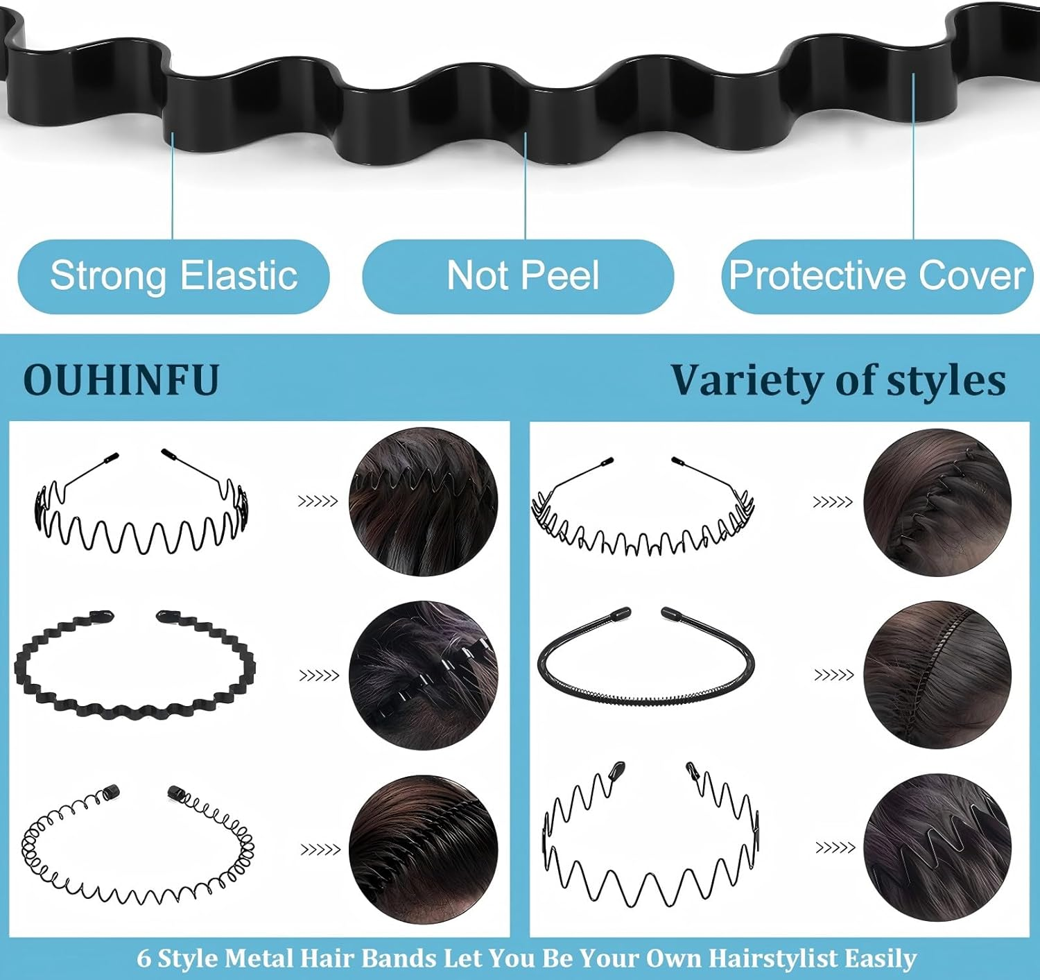 Hair Band, Metal Headbands for Men Fashion Headband for Women, Unisex Wavy Hair Bands Outdoor Sports Head Bands Simple Elastic Non-Slip Headwear Accessories, Wash Your Face & Apply Facial Mask-6 Pack image number 5