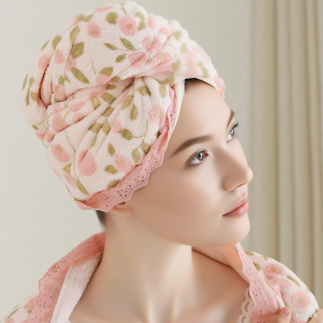 FIMWOLZ 1 X Coral Fleece Hair Turban Hair Drying Towel with Buttons with Lace Trim, Quick-Drying Turban Towel for Hair