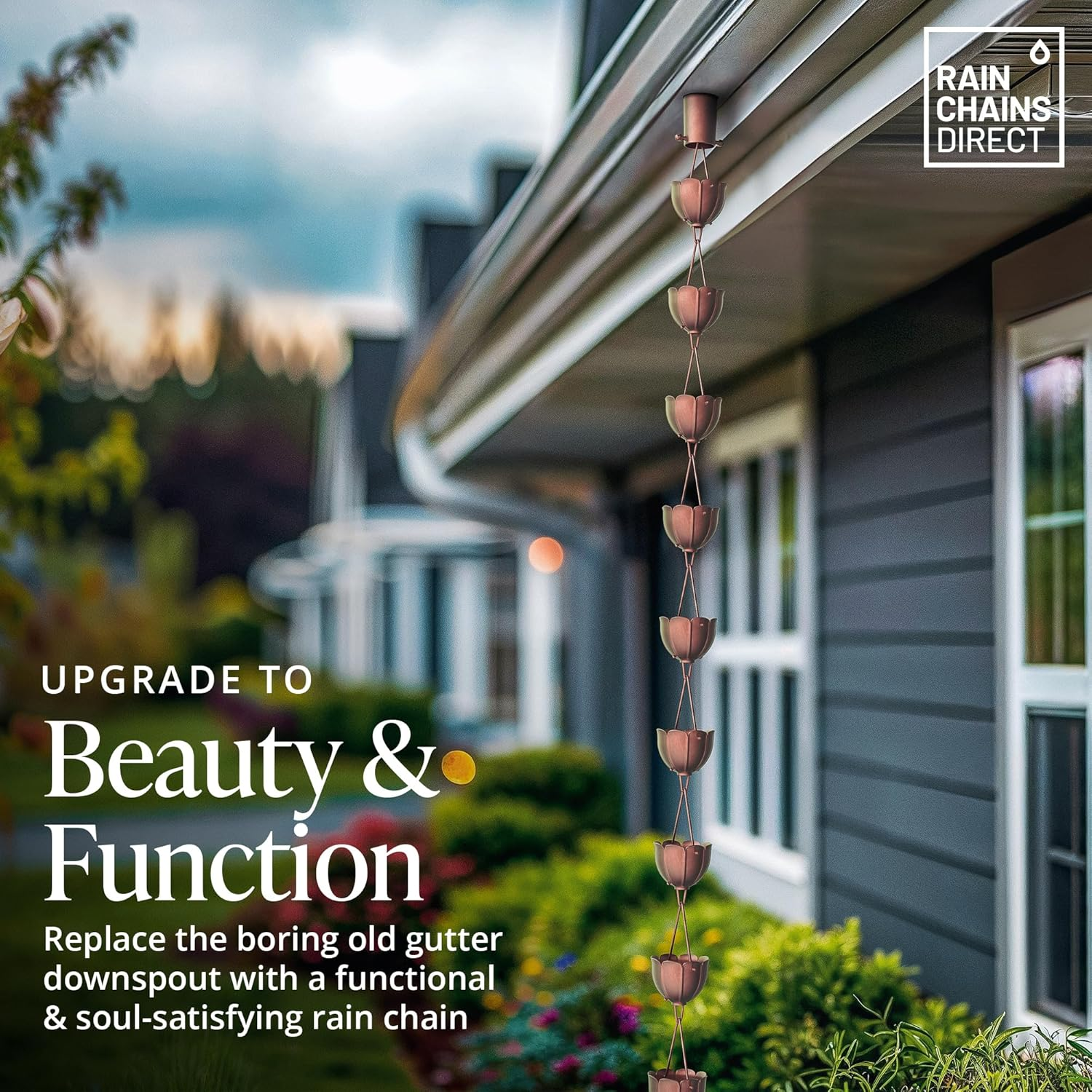 Rain Chains Direct Rain Chain - Rain Chains for Gutters - Orchid, 8.5 Feet, 100% Pure Copper, Rain Chains for Downspouts