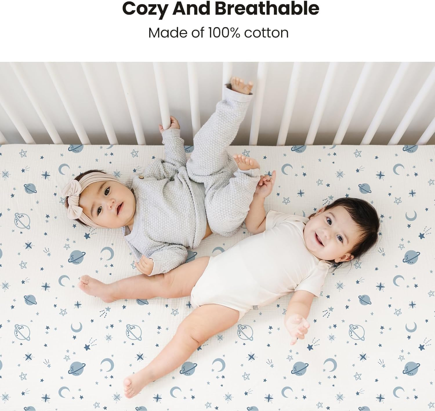 Muslin Crib Sheets 2-Pack for Boys &ndash; 52"X28" Soft Breathable Cotton Fitted Sheets for Standard Crib Mattress, Neutral Baby Bedding with Star & Moon Design (Blue) image number 3