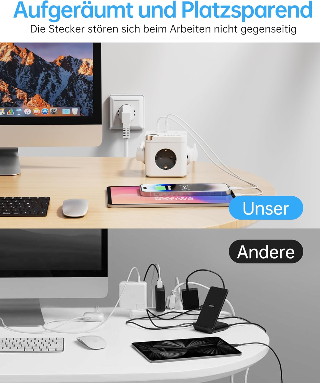 Multiple Socket Cube with USB 3 Way Power Strip with 3 USB (1 Type C) & Switch, 3680 W, 1.5 M Cable - Ideal for Office, Home & Travel, White image number 1