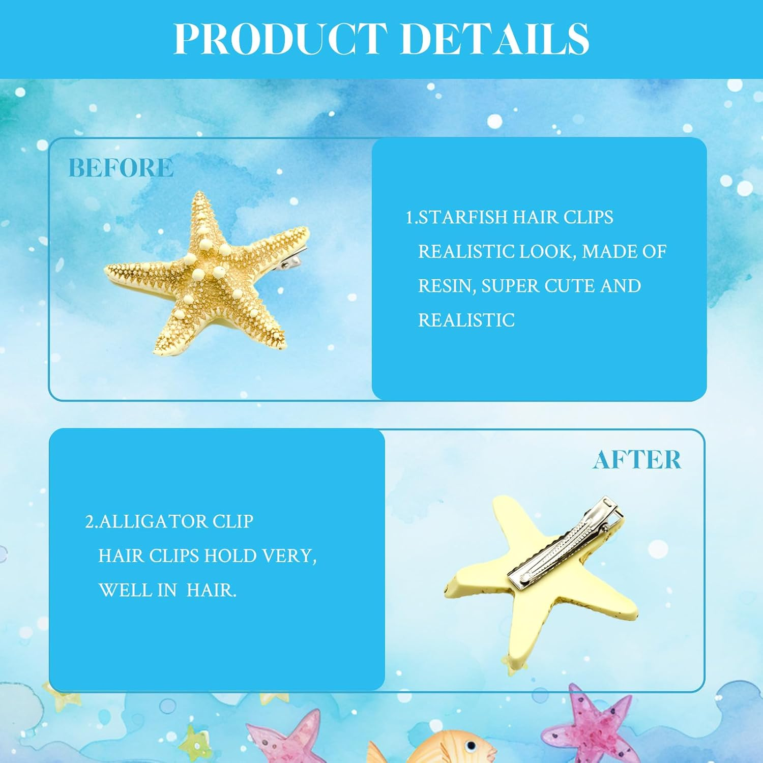 Yamobi Starfish Hair Clip, Starfish Decoration for Women and Girls, Adults, Shell Hair Jewellery for Mermaid Hair Jewellery, Pack of 2 image number 2