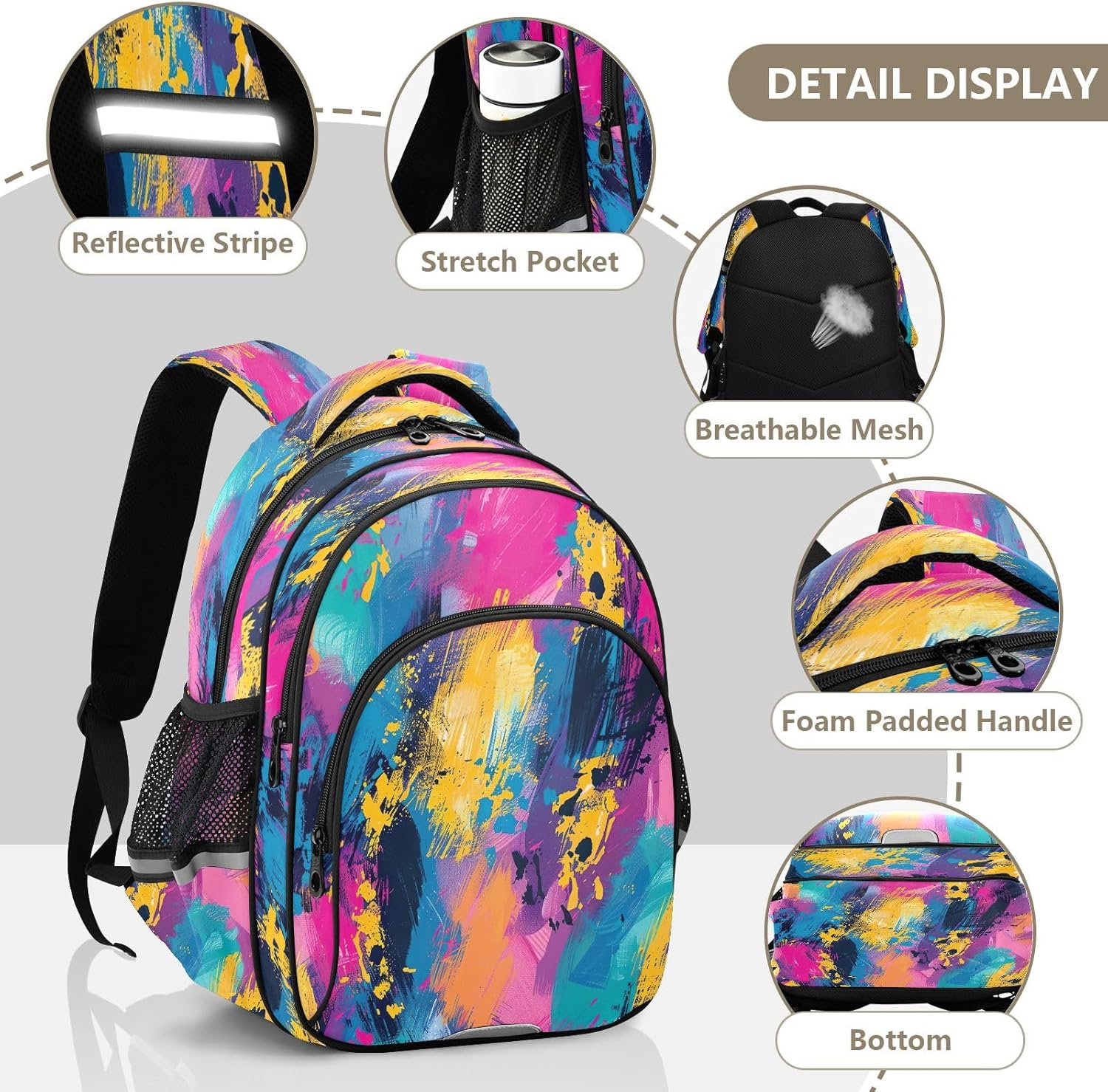 RPLIFE 15 Inch Backpack for School Boys Girls, Boys Elementary Backpack, Colorful Graffiti image number 5