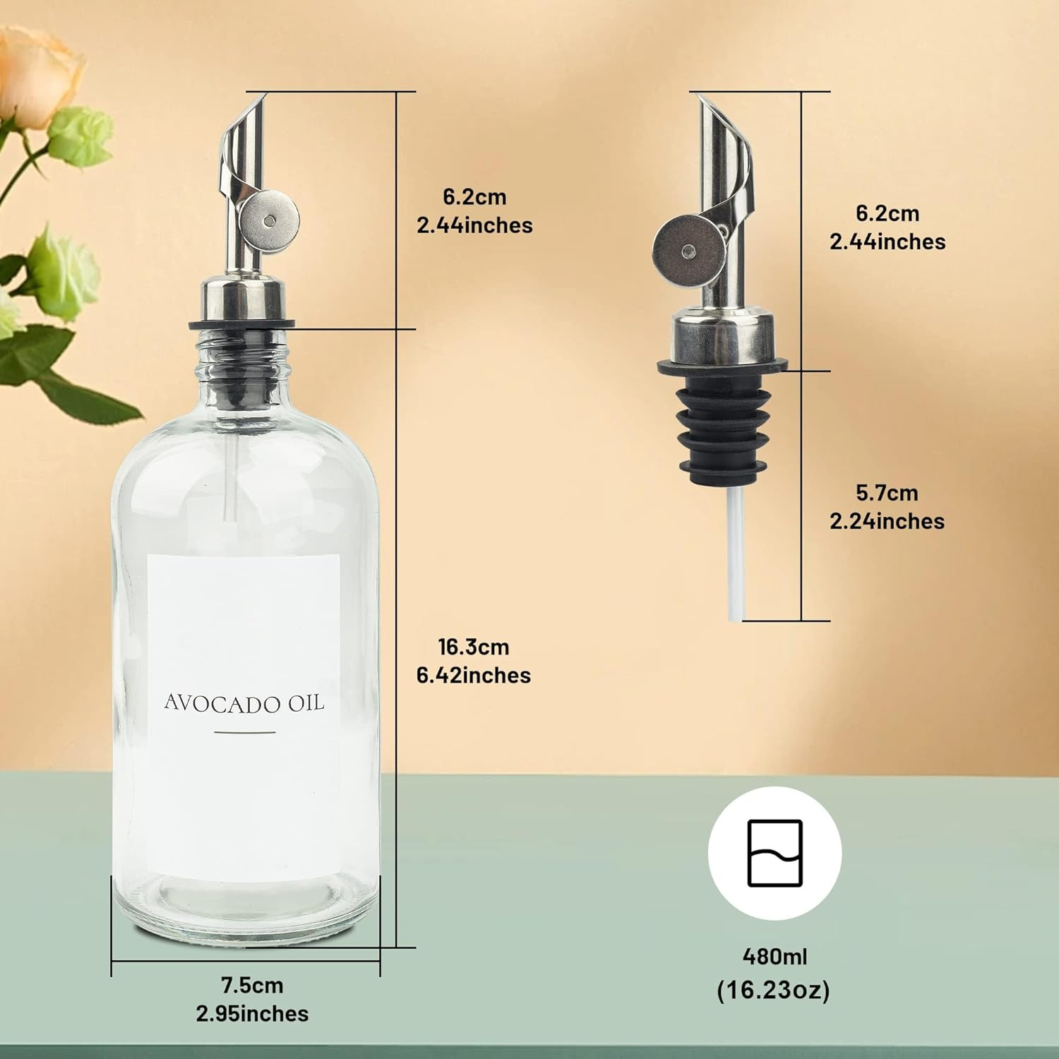 3PCS Oil Dispensers with Labels 480Ml Kitchen Cooking Glass Bottles Containers with 304 Stainless Steel Automatic Pump Heads Anti-Corrosion & Rustproof image number 1