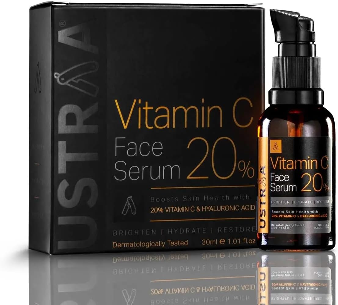 Ustraa 20% Vitamin C Face Serum Dermatologically Tested, with Hyaluronic Acid & 20% Vitamin C in the Purest Form, Antiaging, Fights Dark Spots 30Ml