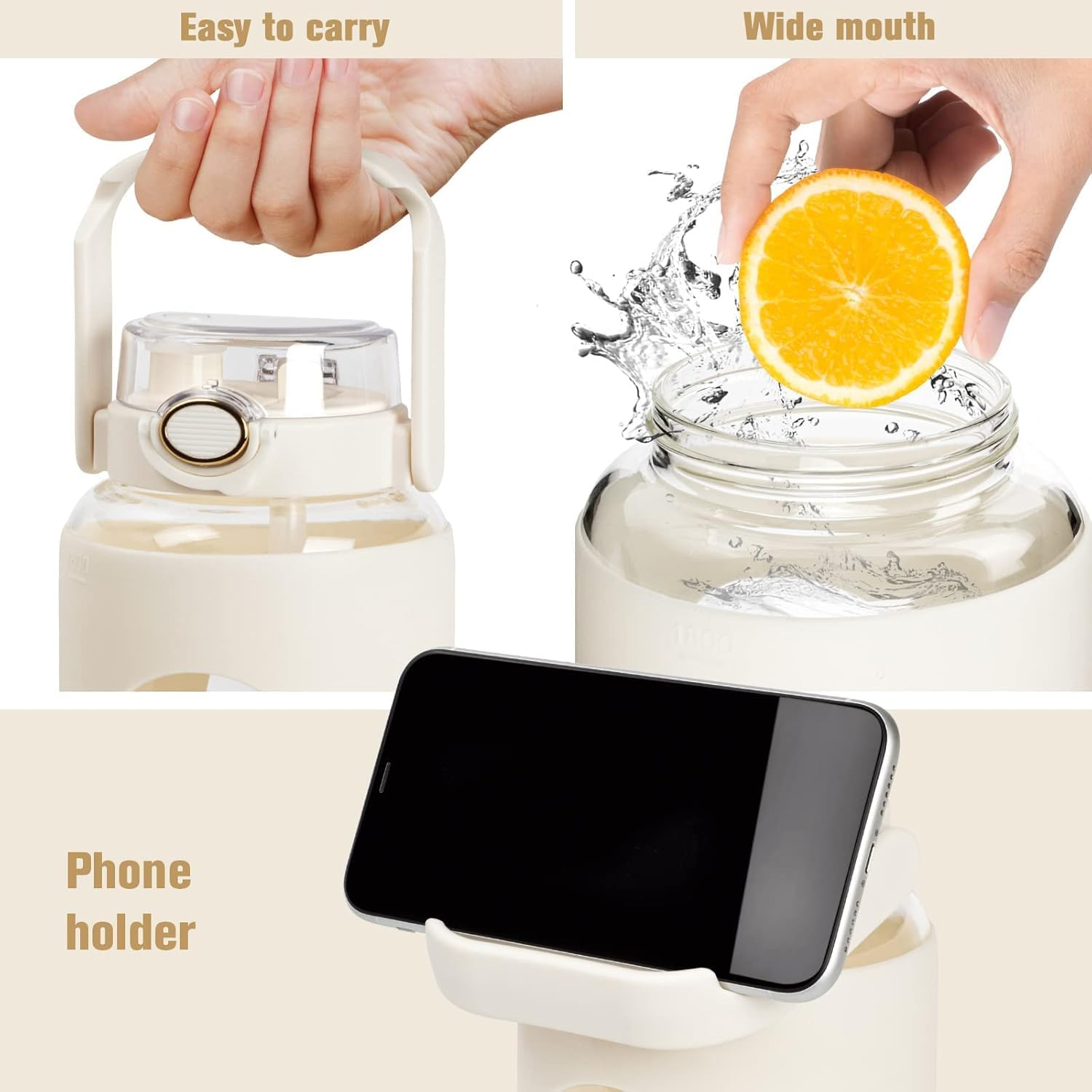 PKBD 1800Milliliter Glass Water Bottle with Silicone Sleeve, Half Gallon Water Bottle with 2 in 1 Lid and Straw, 2L Large Glass Water Jug for Sports Gym Workout White image number 6