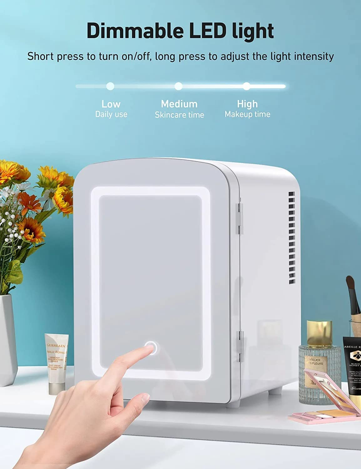 Portable Makeup Fridge for Skincare,Mini Fridge with Dimmable LED Mirror, Easy-Take Skincare Fridge, for Refrigerating Makeup, Skincare and Food, Mini Fridge for Bedroom, Office and Car, White image number 4