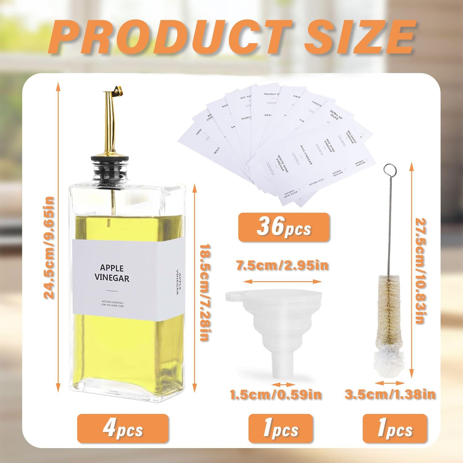 4 Pcs Olive Oil Dispenser, 500Ml/16.9 Oz Oil Bottle, Sauce Bottle, Coffee Syrup Dispenser, Includes 1 Silicone Funnel, 36 Labels, 1 Cleaning Brush (Gold) image number 6