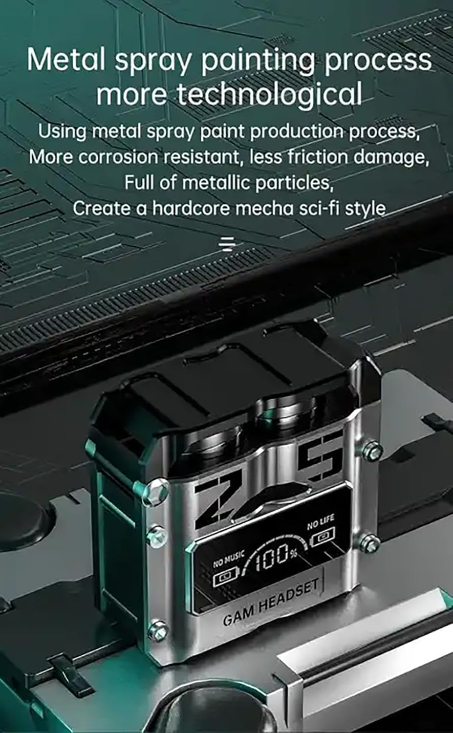 ELLENNE - Headphones Bluetooth 5.2 ANC - Futuristic Fantasy - Simil Metallic - Wireless M25 TWS Sport Waterproof Fitness Long Durability M25 image number 4