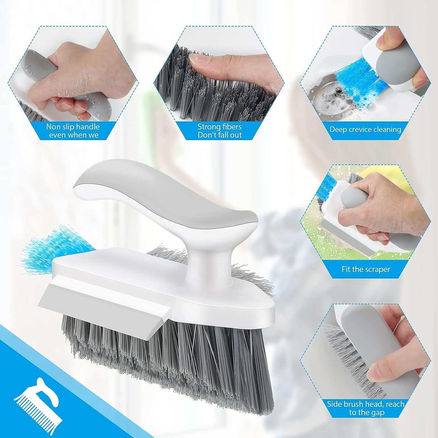 Cleaning Brushes, 4-In-1 Floor Scrub Brush with Squeegee V-Shape Gap Scrub Brush Tile Grout Cleaner Brush Corner Crevice Scrubber Baseboards Brush Tool Groove Brush Multi-Purpose Scrubbing Tools image number 2