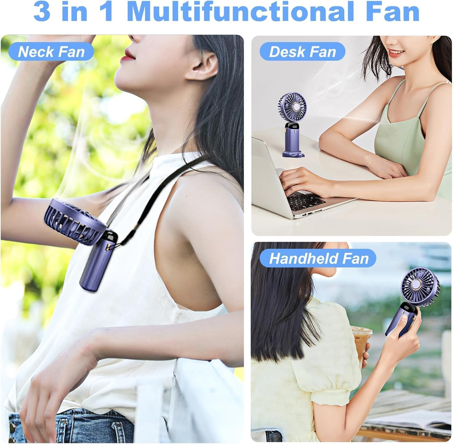 Handheld Fan, Portable Fan, USB Rechargeable Personal Fan, 90&deg; Foldable Mini Desk Fan, 5 Wind Speeds, LED Digital Display, Lanyard Can Be Used as Neck Fan Suitable for Office/Travel/Outdoor Use （Bule） image number 5