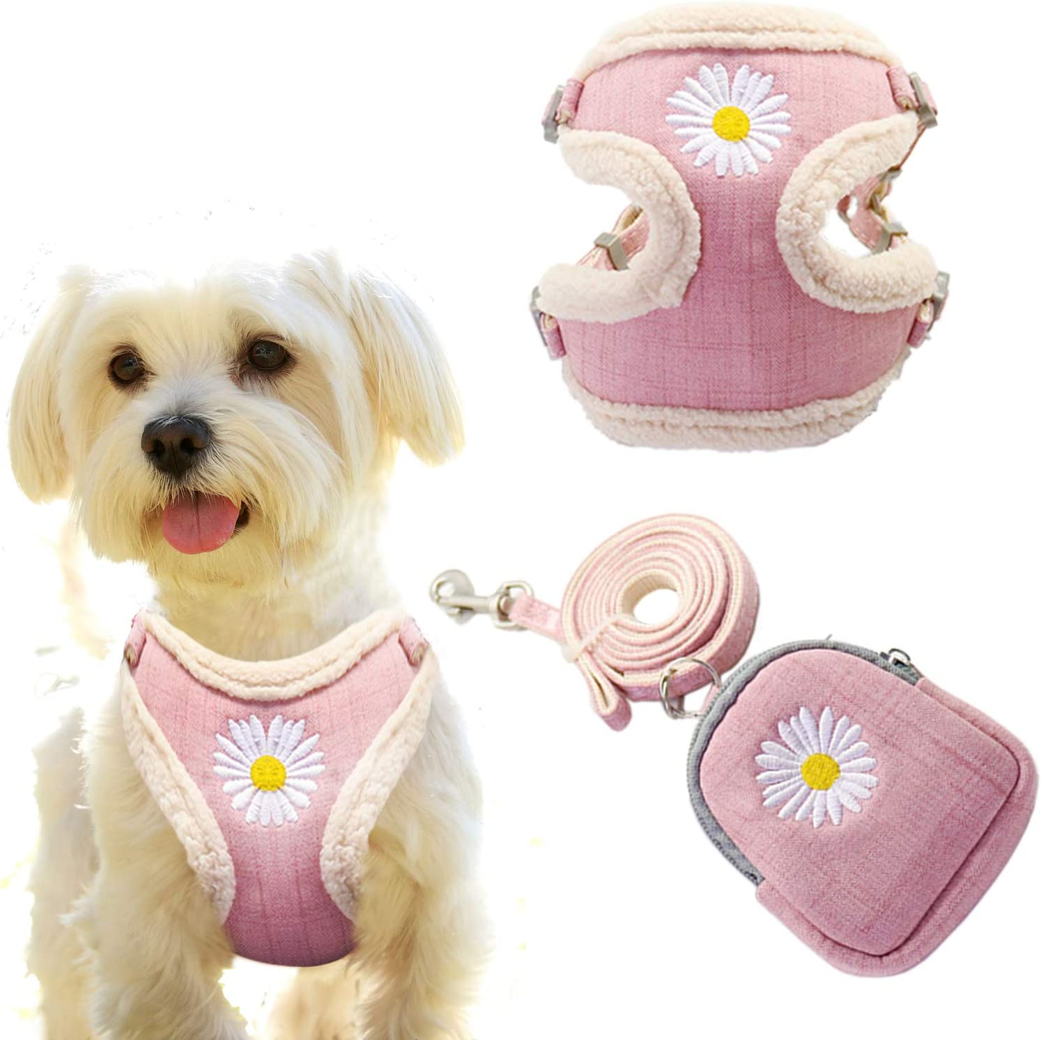 IDOLPET Cat Harness and Leash Set for Walking - Escape Proof, Cute Daisy Design for Kittens and Small Dogs, Comfortable Soft Lightweight Outdoor Vest (Pink Plush, Small) image number 3