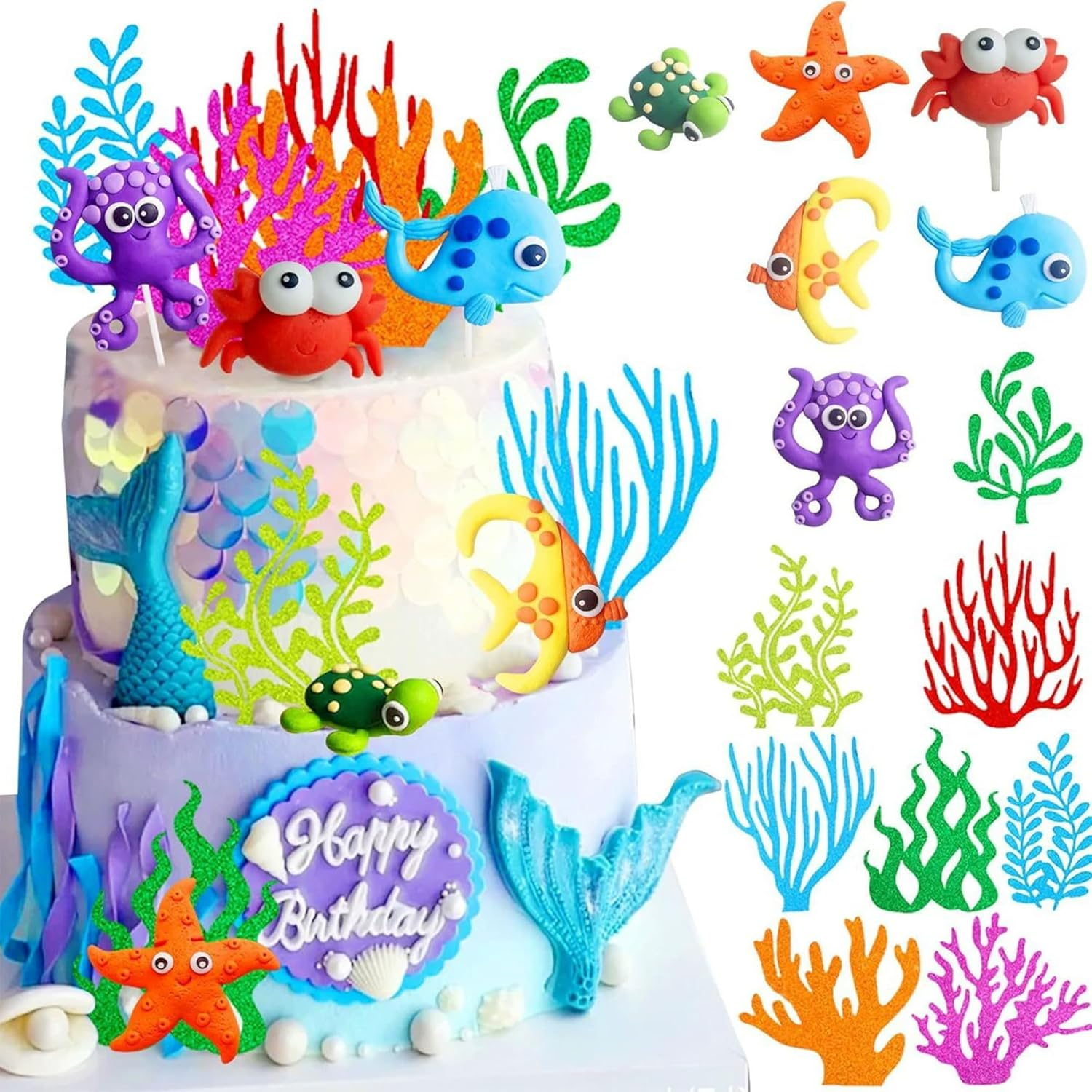 14 Pcs Ocean Theme Cake Decorating Kit; Kids Birthday Party Ideas Theme Cake Topper Accessories image number 2