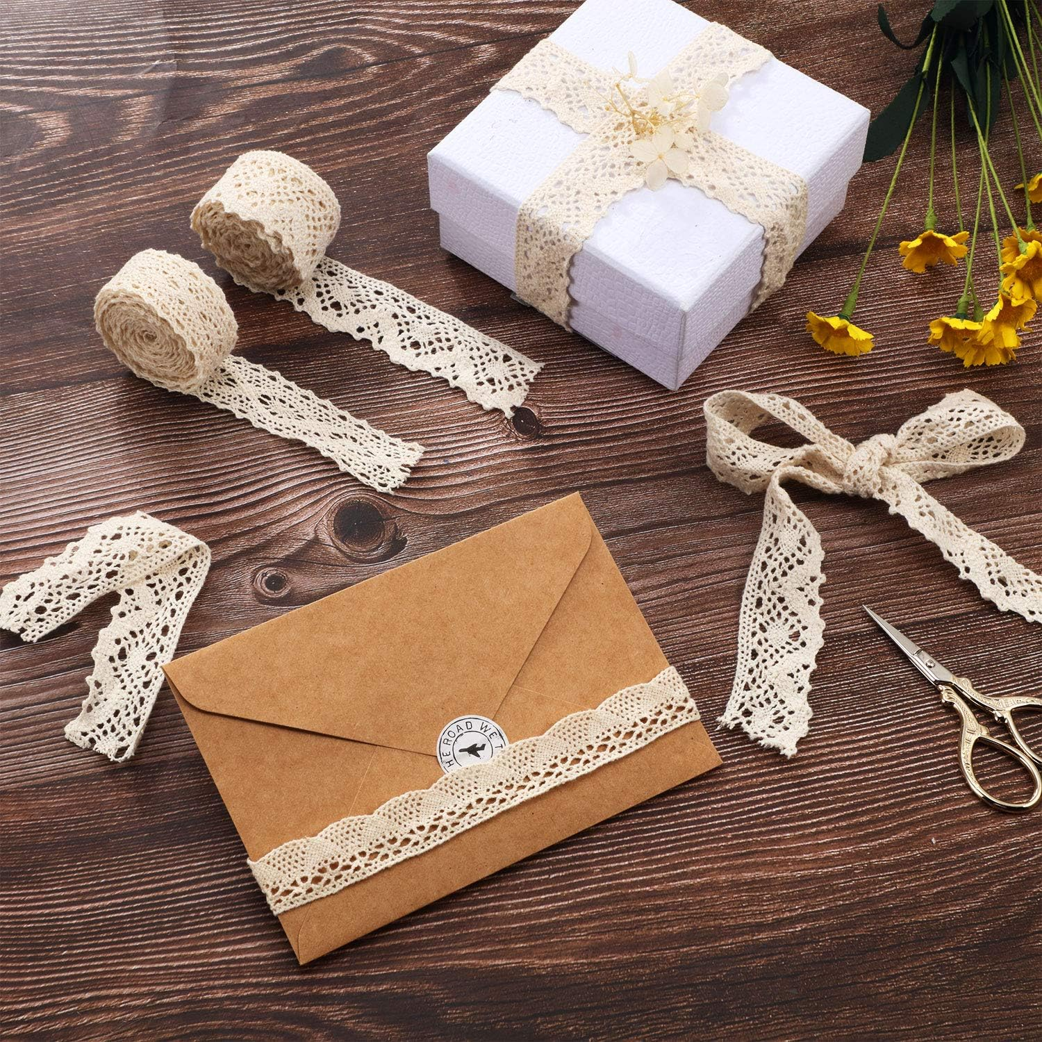 Tatuo 40 Yards Cotton Lace Trim Vintage Ribbon Crochet Cotton Lace Scalloped Edge for Bridal Wedding Decoration Christmas Package DIY Sewing Craft Supply, 5 Yards Each, 8 Styles(Beige) - Beige image number 5