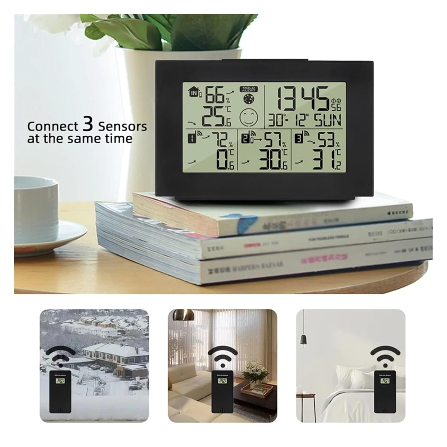 Dual Alarm Clock Weather Station Indoor/Outdoor Digital LCD Thermometer Hygrometer Trend Alert 3 Wireless Sensors