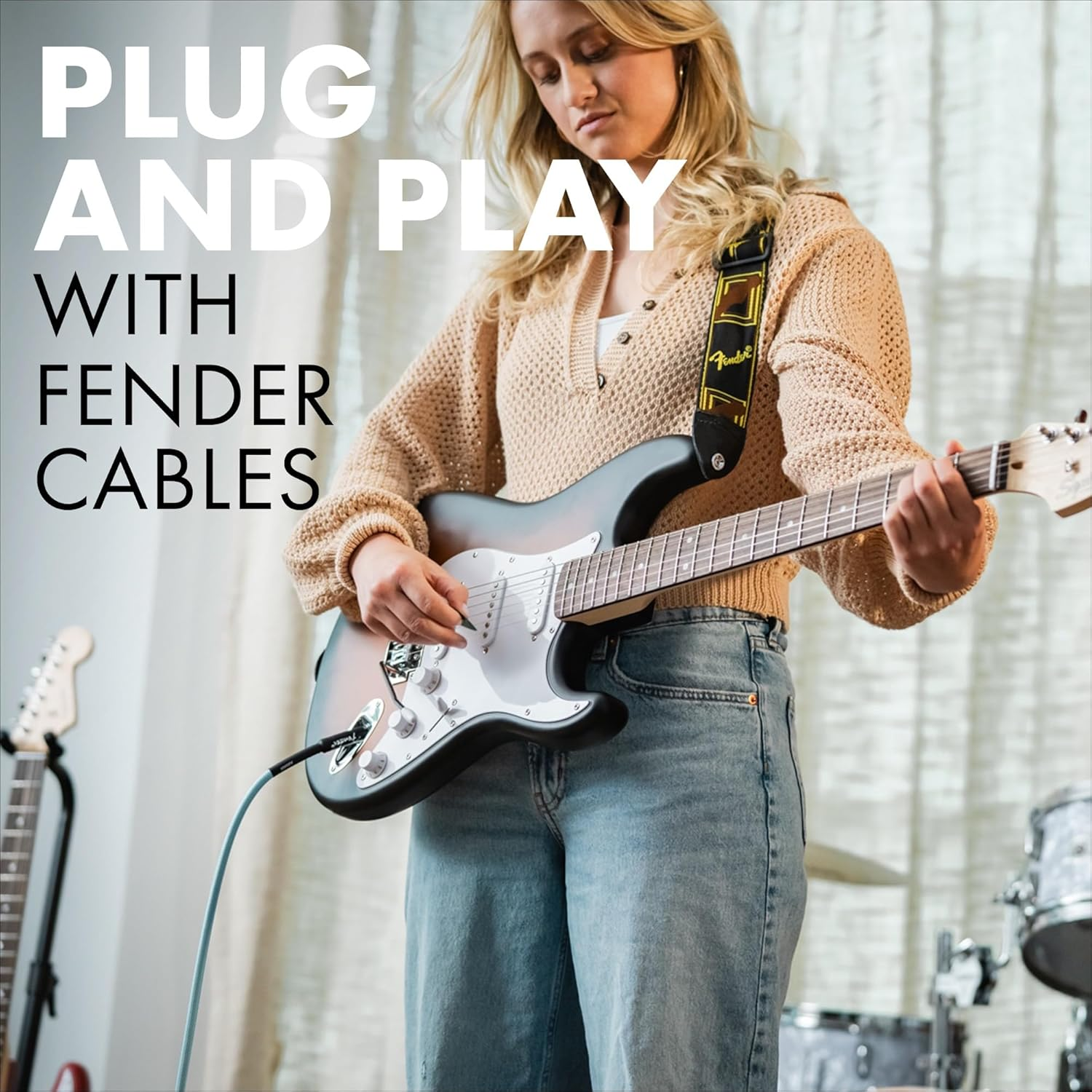 Fender Professional Series Tweed Instrument Cable, Guitar Cable, Guitar Accessories, Straight/Straight, Spiral Shielding for an Anti-Kinking Design, Daphne Blue, 15Ft image number 3