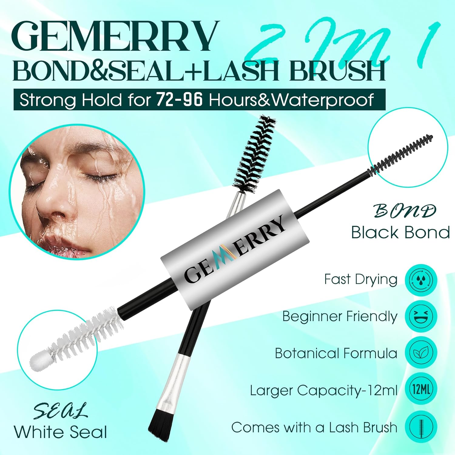 GEMERRY Lash Bond and Seal Waterproof 12ML Falscara Bond and Seal Eyelash Glue 72-96 Hours+Lash Clusters Glue Lash Glue for DIY Lash Extensions at Home Black Bond Clear Seal image number 1