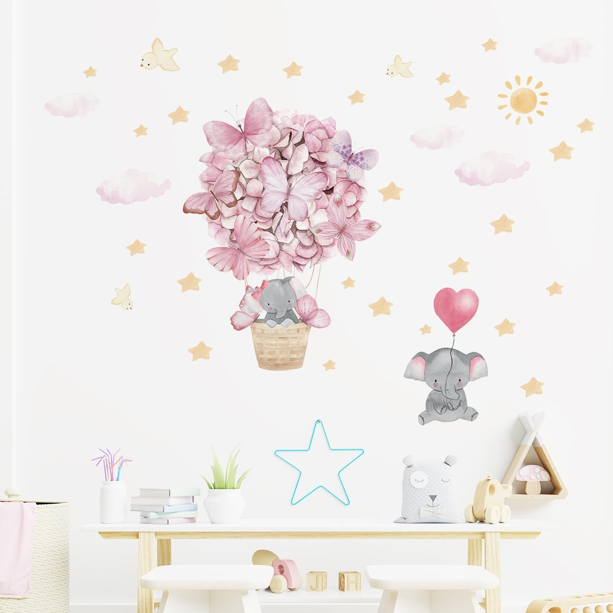 Pink Butterfly Hot Air Balloon Elephant Wall Decor for Baby Girl Room Star Cloud Nursery Wall Decal Stickers image number 1