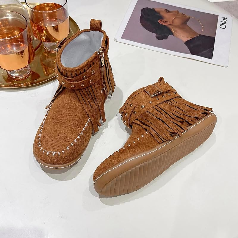 Women'S Boots Casual Vintage Side Zipper Fringe Boots,Lightweight Comfy Suede High Top round Toe Hippie Moccasin Short Booties, Brown, 7 image number 1