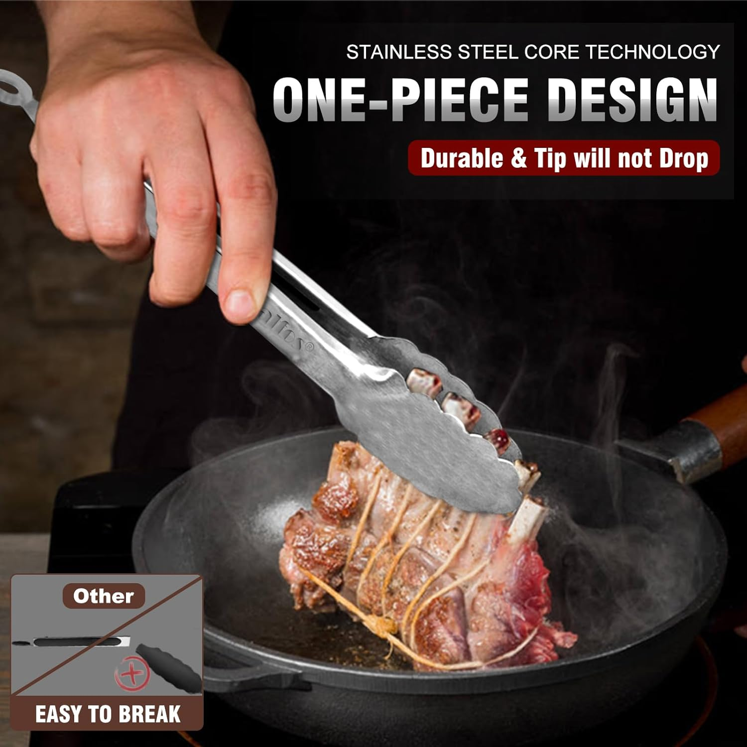 Walfos Stainless Steel Tongs, 3-Piece Set (7", 9", 12") - Heavy Duty, Heat Resistant, Non-Slip Grip, BBQ Grilling & Cooking Tongs image number 4