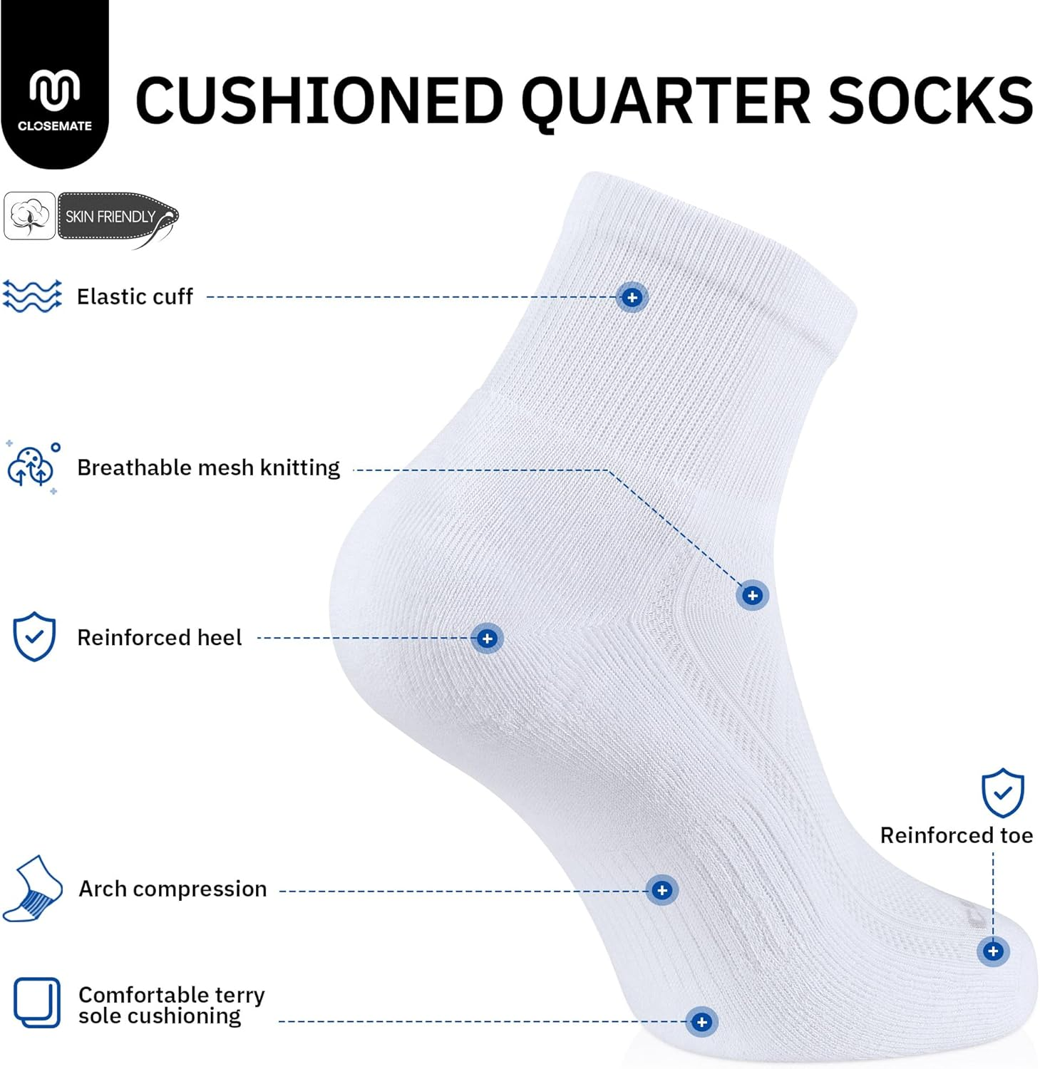 CLOSEMATE 6 Pairs Womens Ankle Athletic Socks Cushioned Cotton Comfort Breathable for Running Sports image number 3