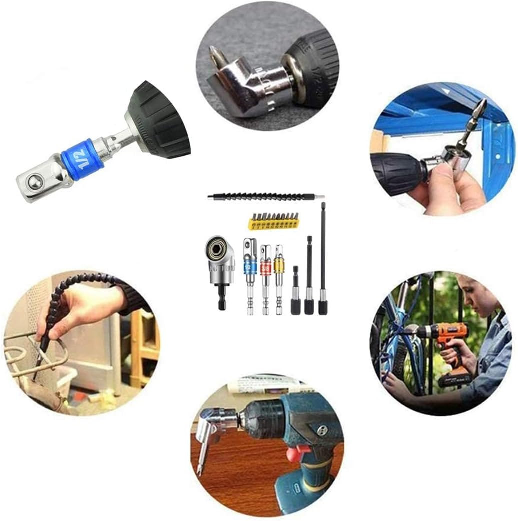 Flexible Drill Bit Extension Set, Includes 105C Right Angle Drill, Bendable Drill Bit Extension, 3Pcs 1/4 3/22Cm Universal Socket Adapter Set, 3Pcs Drill Bit Holder, Screwdriver Bit Kit
