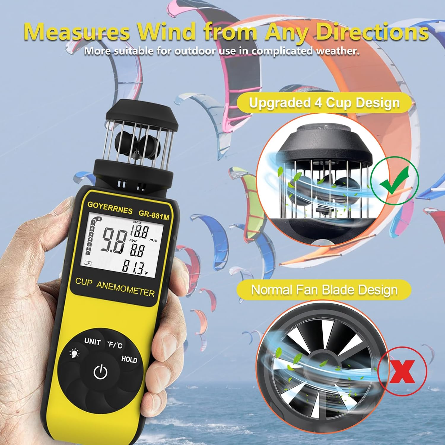 Handheld Cup Anemometer with Compass, 93MPH Digital Wind Speed Meter, CFM Air Flow Wind Velocity Measuring Device Gauges for Outdoor Sailing Surfing Drone Flying HVAC - Yellow image number 5