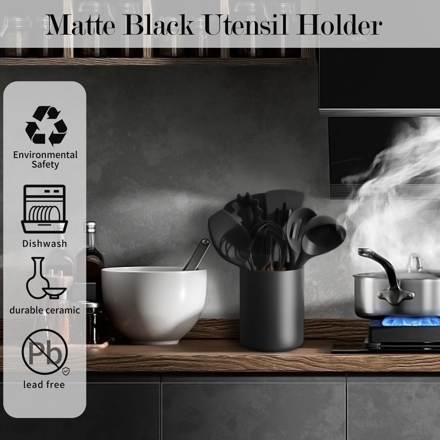 LATCHHOOK Black Kitchen Utensil Holder for Countertop, Matte Ceramic Cooking Utensils Holder for Kitchen Counter Easy to Clean, High 7&rdquo; Modern Spatula Holder Crock for Kitchen 7&times;5.5 Inch, UT-01 image number 5