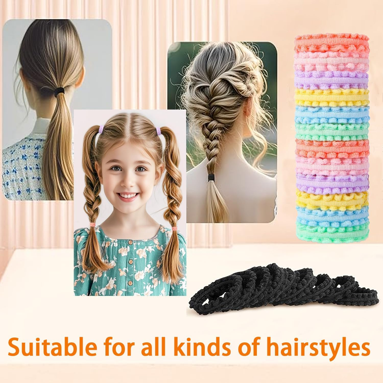 Hair Bobbles Girls, Suiyeejan Baby Elastic Hair Ties, Mini Seamless Hair Bands, Hair Band, Baby Multicoloured Soft Cable Scrunchie for Girls, Children, Toddlers (Black, Pack of 50) image number 4