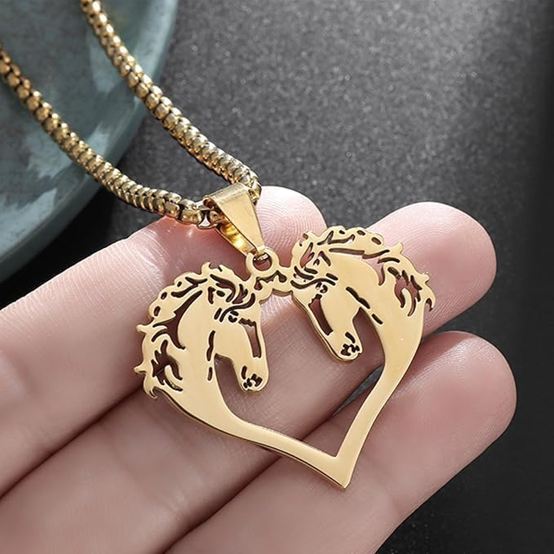 2Pcs Horse Necklace Heart Shaped Couple Necklace Stainless Steel Horse Pendant Necklace for Women Men Valentine'S Day Jewelry image number 5