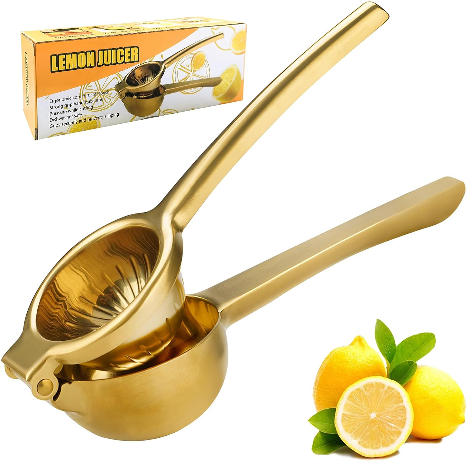 Lemon Squeezer, Large Heavy Duty Handhelp Juicer for Lemon, Stainless Steel Hand Press Citrus Juicer, Lime Squeezer Bar Tool, Manual Citrus Press (Gold & Black)