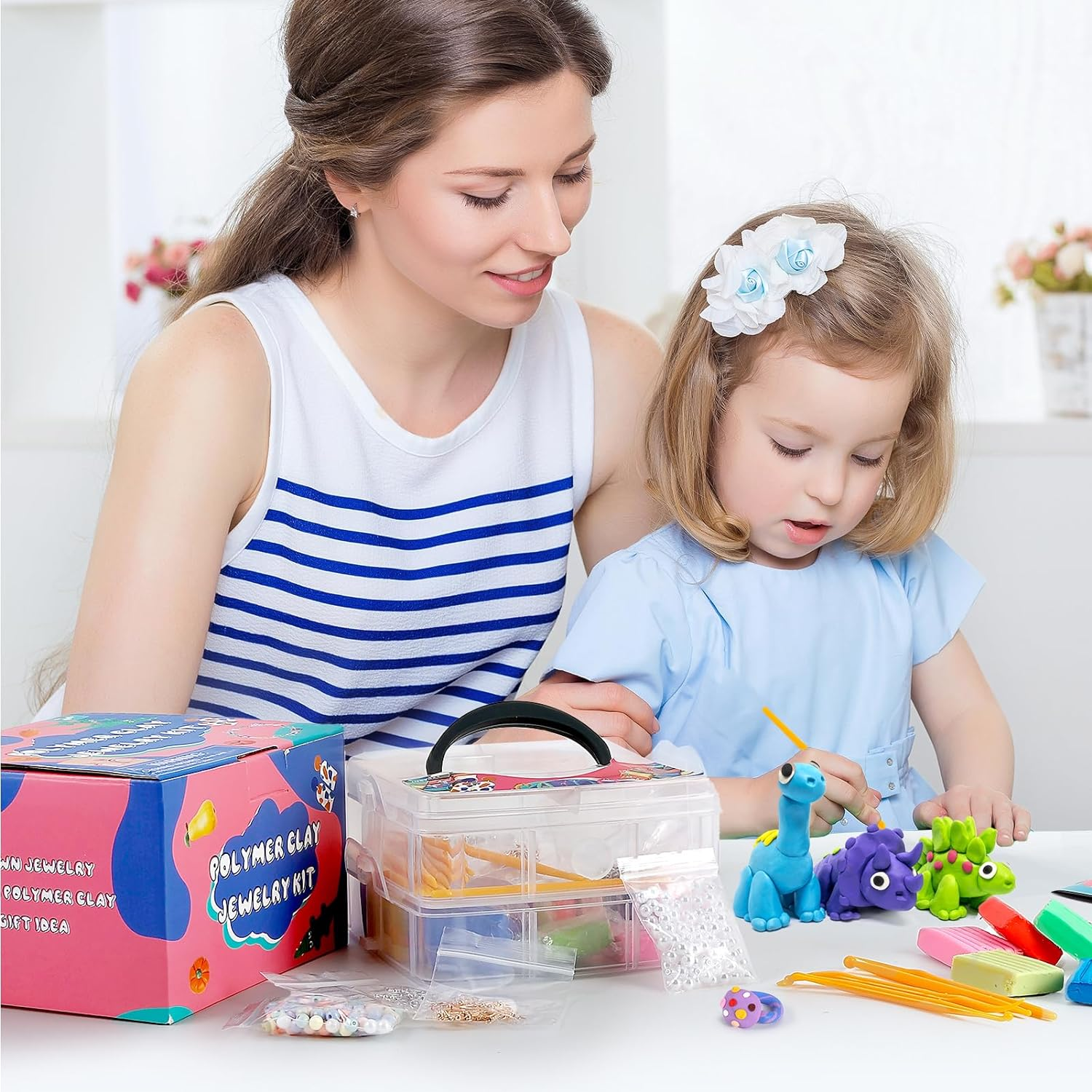 Caydo 587PCS Polymer Clay Jewelry Kit with 2 Layer Storage Box, 24 Colors Polymer Clays, Earring Cutters, Earring Accessories, and Clay Tools for Kids and Adults for Jewelry Earring Making image number 1