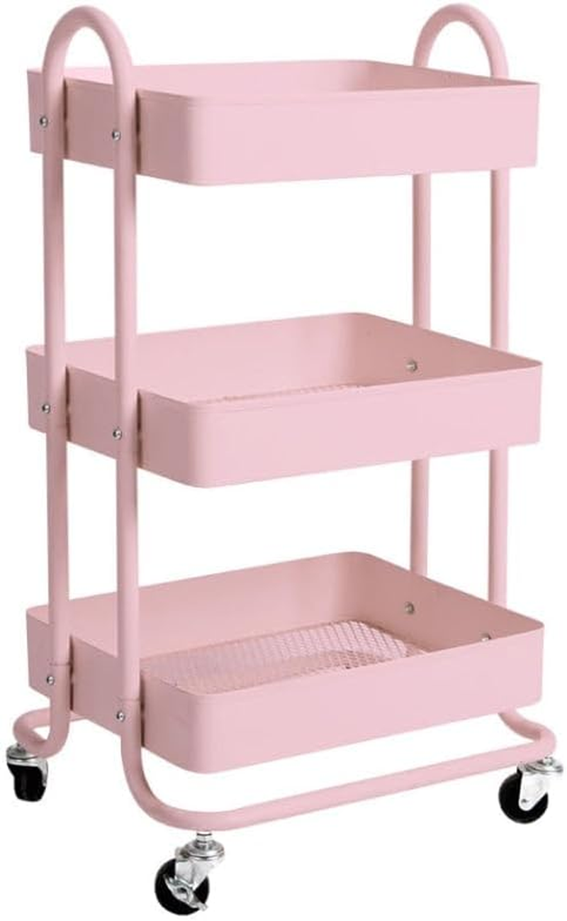 Levede 3 Tiers Kitchen Trolley Cart Steel Storage Rack Shelf Organiser Pink, Metal Utility Cart, 3-Tier Kitchen Trolley with 4 Wheels, Rolling Storage Cart Trolley for Kitchen Storage & Organisation image number 2