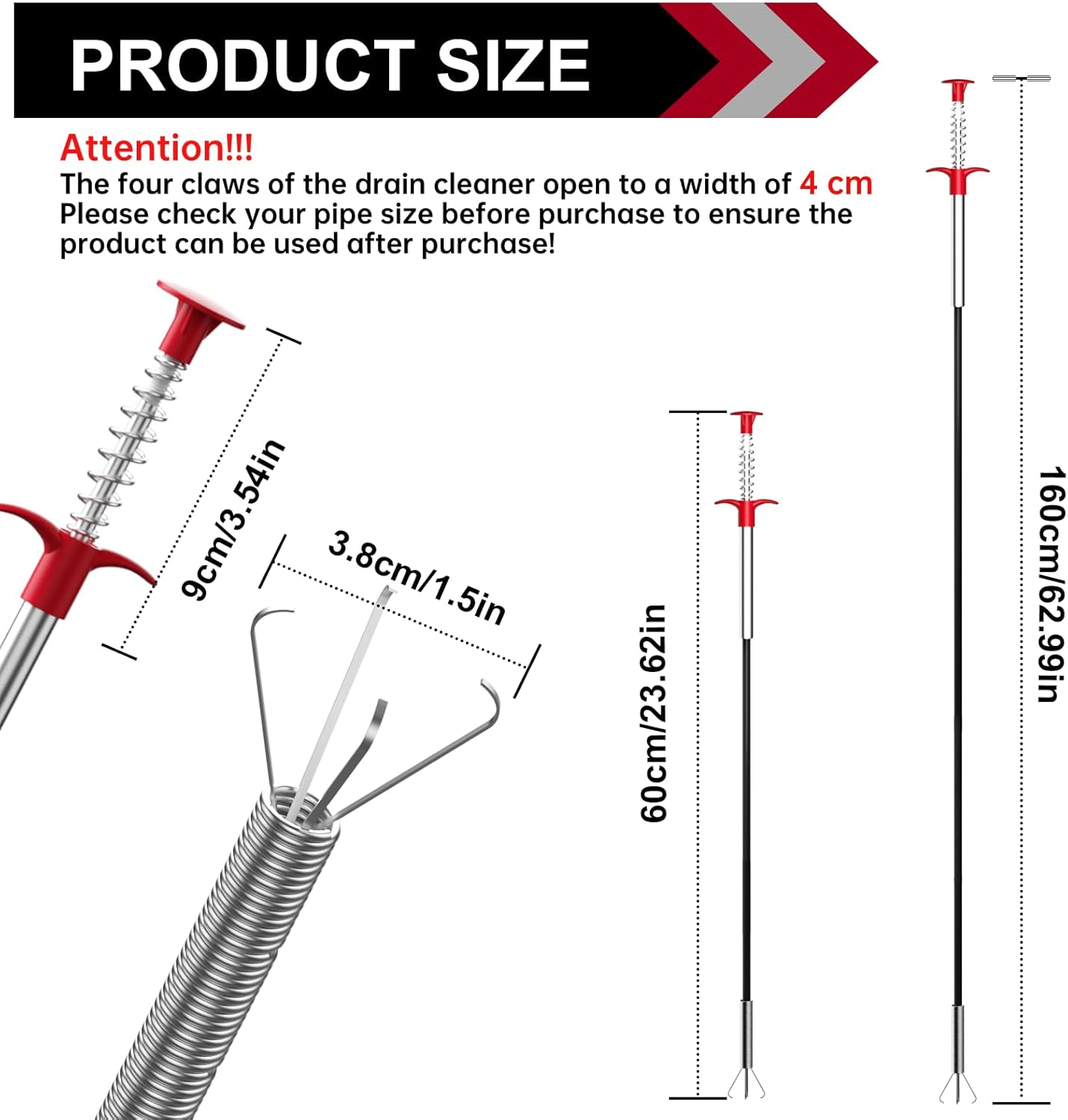 Pack of 2 Claw Grippers 160 Cm / 60 Cm, Flexible Gripper Claw Gripper, Pipe Cleaning Spiral, Drain Cleaner Spiral, Drain Spiral, Telescopic Gripper for Kitchen, Bathroom and Sewers - Red image number 4