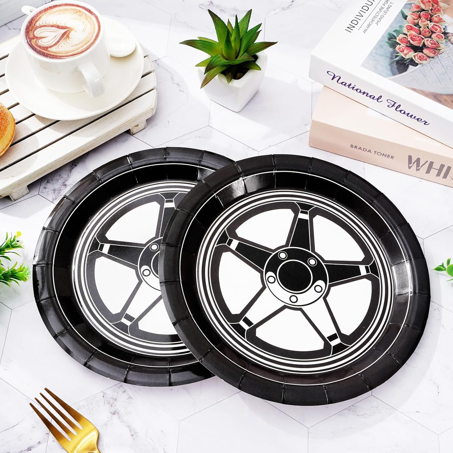 Jarthenaamcs Racing Car Plates Car Wheel Disposable Paper Plates Black White Dinner Plates 9 Inch Dessert Plates for Party Supplies Table Decor, 24Pcs image number 1