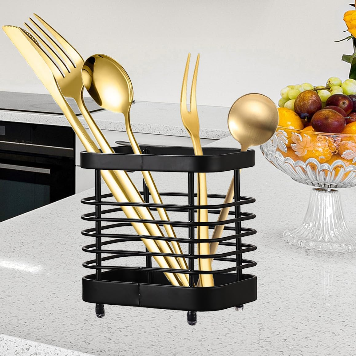 Utensil Holder Kitchen Countertop Organizer, Cutlery Drainer Sink Caddy Dish Drying Rack, Cabinet Silverware Storage Organiser, Stainless Steel, Black(4 In) image number 3