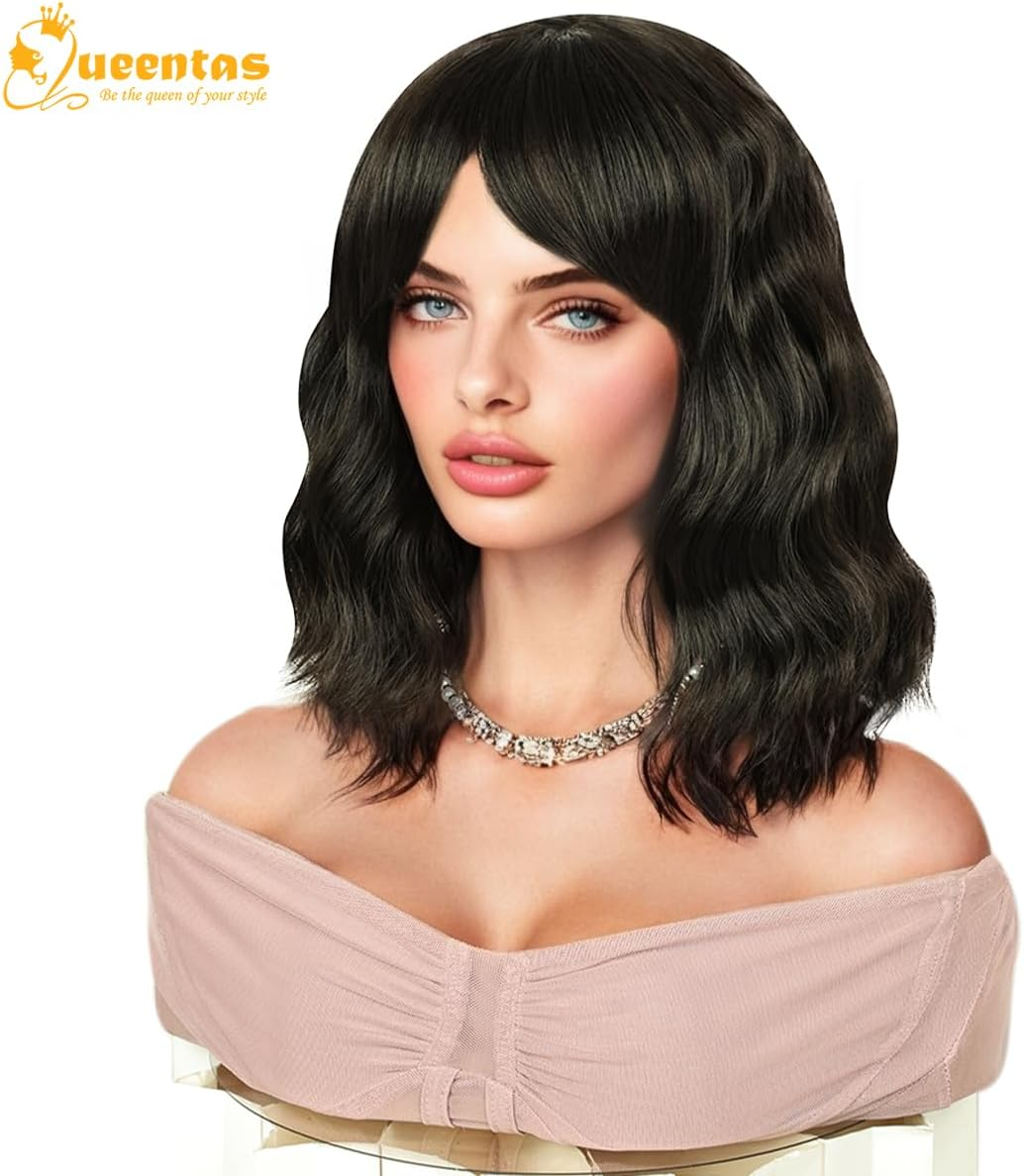 QUEENTAS Short Bob Black Brown Wigs for Women Shoulder Length with Bangs Wavy Wig Synthetic Hair Wig image number 3